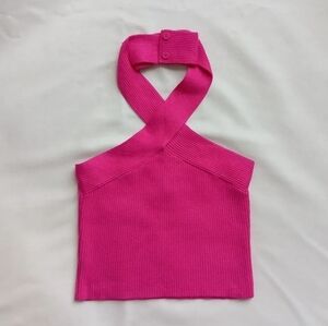 Pink Halter Ribbed Knit Top